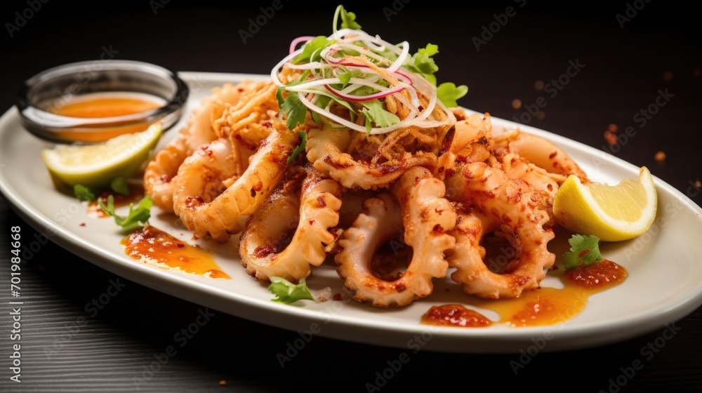 This mouthwatering food shot showcases the popular Taiwanese street food, Tempurastyle Squid. The tender squid is delicately coated in a light and crispy batter, then deepfried to perfection. This mouthwatering food shot showcases the popular Taiwanese street food, Tempurastyle Squid. The tender squid is delicately coated in a light and crispy batter, then deepfried to perfection.