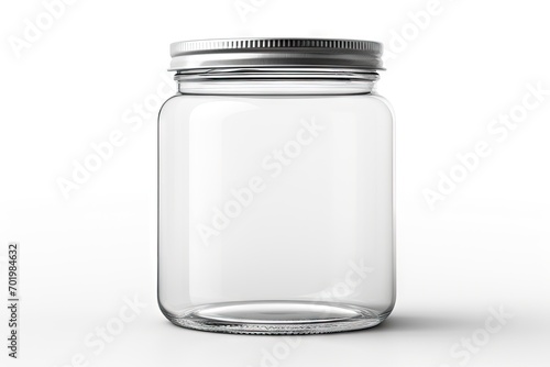 Isolated mockup of a glass canister or jar with a silver cap on a white background with clipping path photo