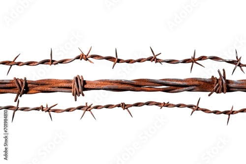 Isolated white background and texture with old rusty barbed wire fence