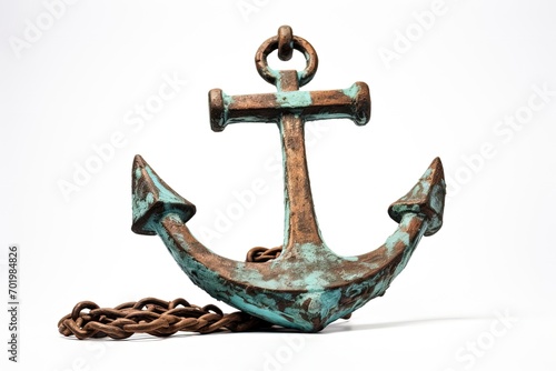 Isolated white background displays marine ship s rusty anchor