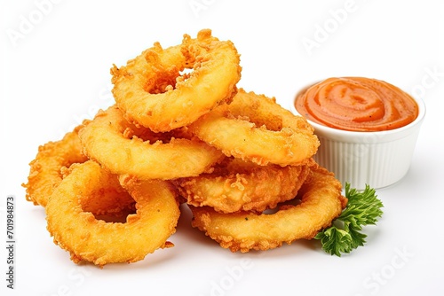 Isolated white background with battered fried onion rings © LimeSky