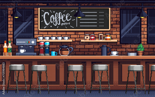 Pixel art illustration Coffeeshop background. Pixelated Cafe. Cozy Coffeeshop Cafe Background
pixelated for the pixel art game and icon for website and video game. old school retro.