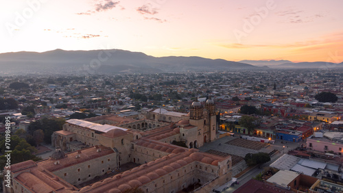 Santo Domingo church in Oaxaca, Mexico, at sunset drone view top 