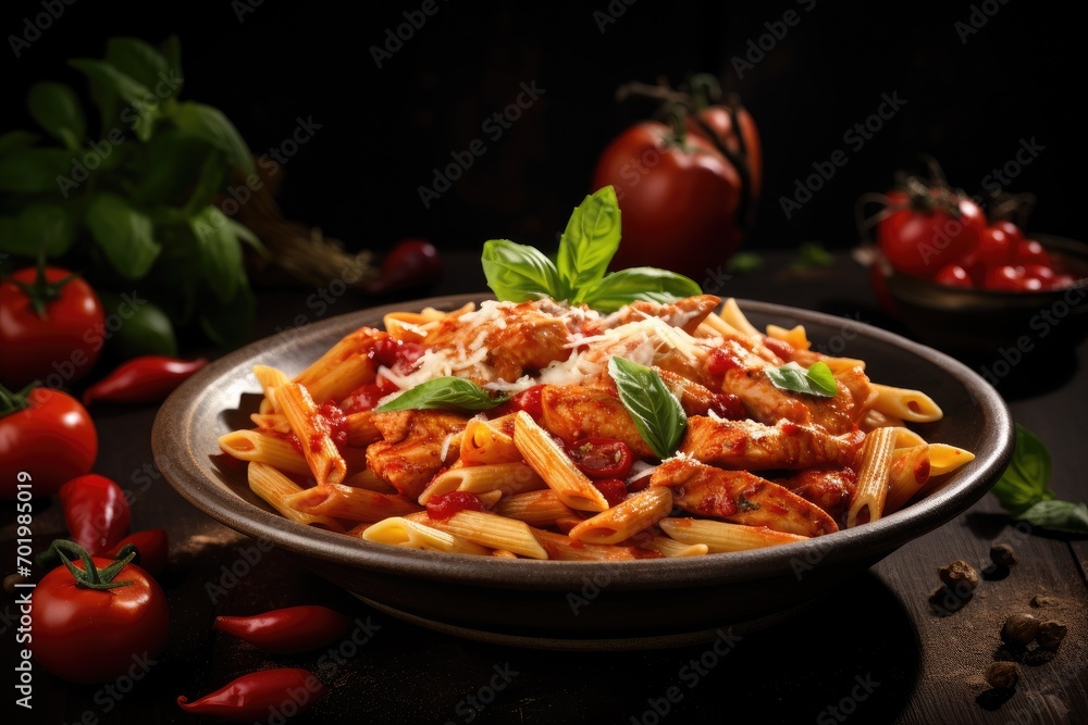 Italian style Bolognese pasta with chicken tomatoes and basil on a wooden table Italian style Bolognese pasta with chicken tomatoes and basil on a wooden table