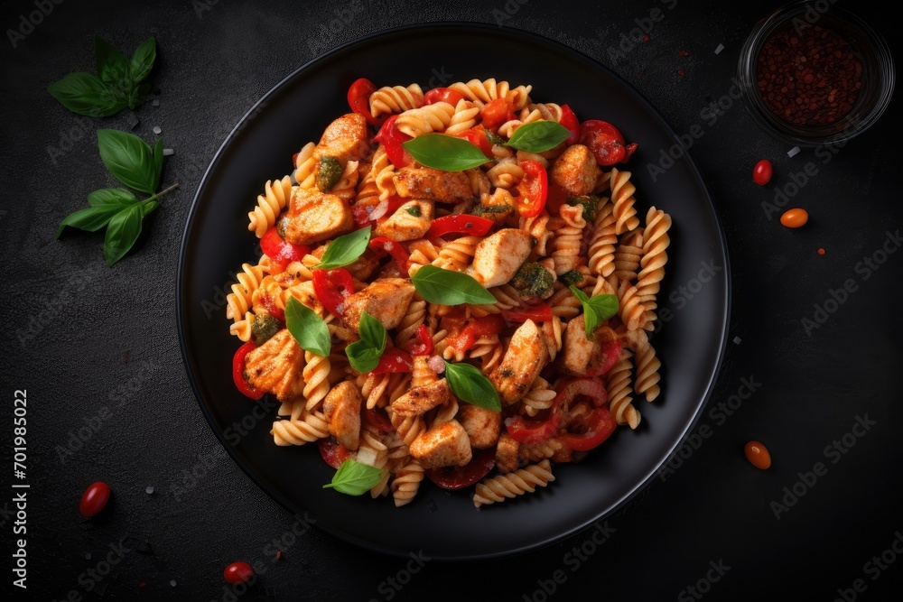 Italian style Fusilli pasta with chicken sweet pepper and tomato sauce Top view from above