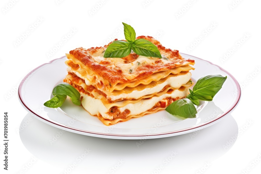Lasagna plate with basil on white background Lasagna plate with basil on white background