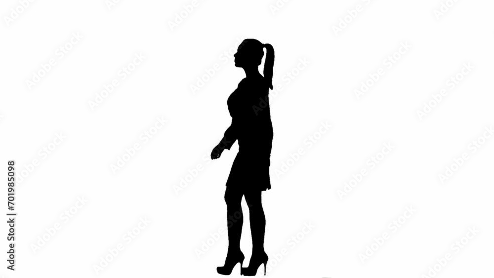 Black silhouette of attractive office girl on a white isolated background. Woman in skirt and blouse walking cutely. Side view. Black silhouette of attractive office girl on a white isolated background. Woman in skirt and blouse walking cutely. Side view.