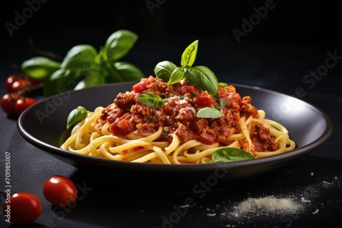Italian pasta with bolognese sauce tomatoes and basil traditional dish on dark gray background Side view empty area