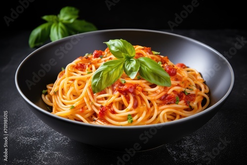 Italian pasta with tomato sauce basil on gray background copy space