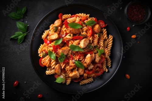Italian style Fusilli pasta with chicken sweet pepper and tomato sauce Top view from above