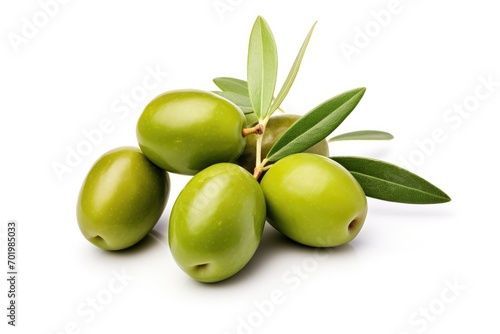 Wallpaper Mural Large green olives in olive oil with leaves isolated on white background viewed from above Torontodigital.ca
