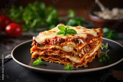 Lasagna from Italy served on square dish photo