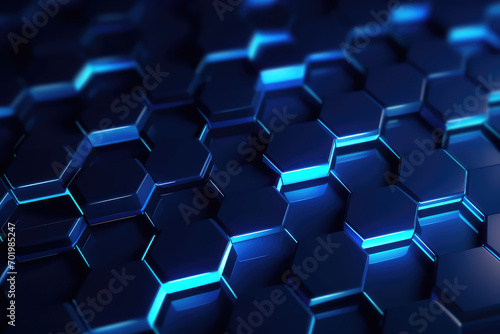 Hexagonal geometric ultra wide background. Abstract blue of futuristic. Sci fi banner, cover. 3d render illustration.