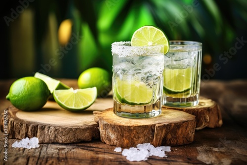 Luxury concept of Mexican tequila with lime salt and rustic wood background Space for text photo