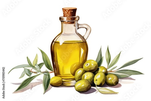 Premium virgin olive oil and olives isolated on white background