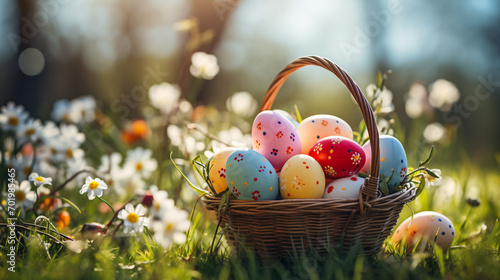 colorful easter eggs in a basket on the meadow