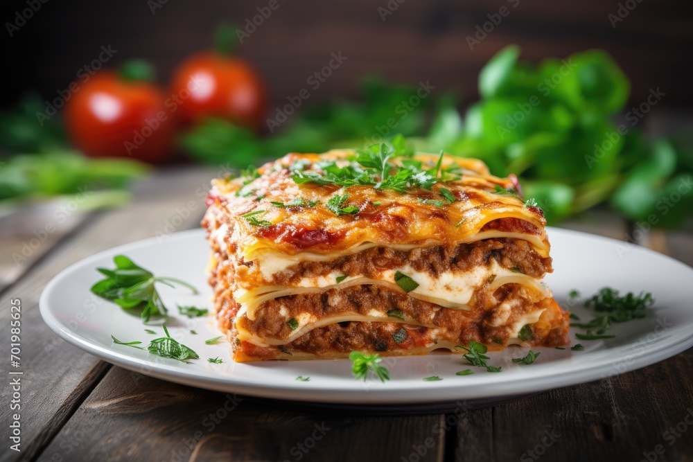 Selective focus on white wood background with meat lasagna Selective focus on white wood background with meat lasagna