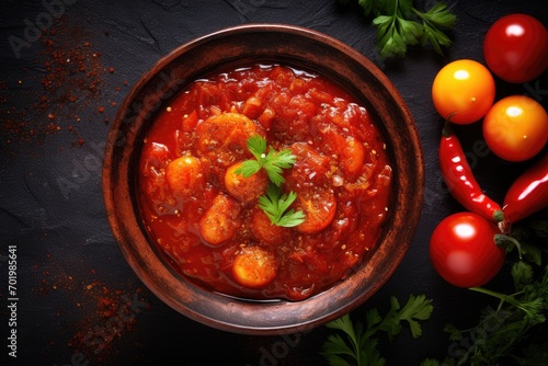 Spice tomato sauce in small bowl viewed from top
