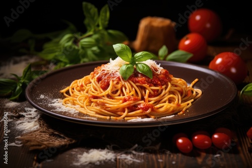 Spaghetti with tomato sauce and cheese focused