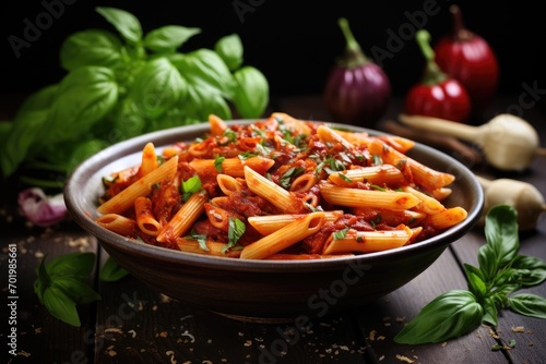 Spicy chili sauce on penne pasta photo