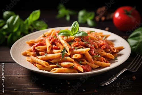 Spicy Italian Penne Pasta with Tomato and Herbs on a White Plate on a Wooden Table