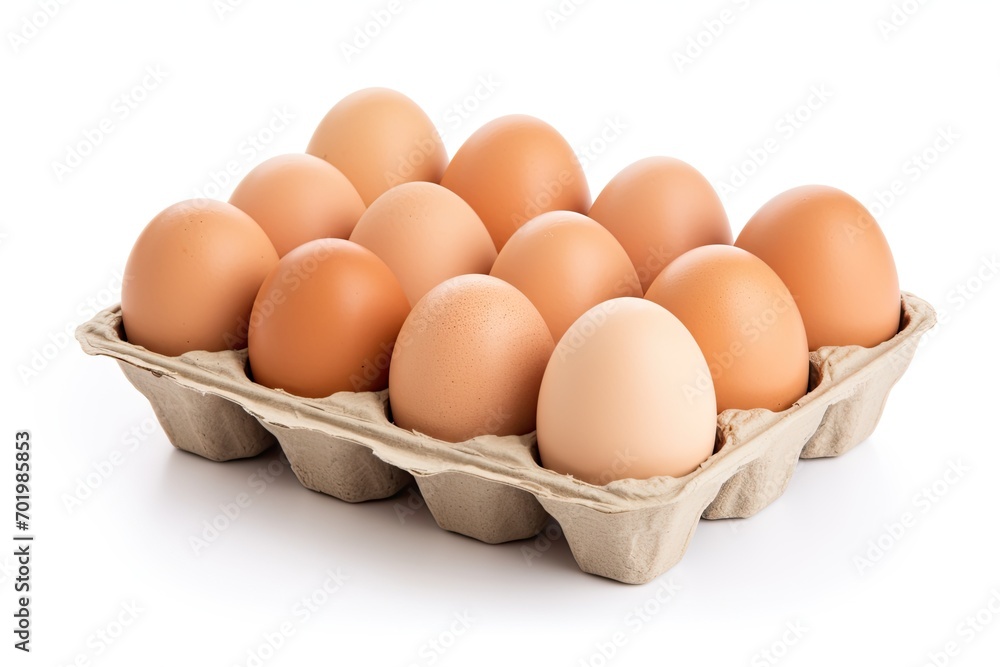 Ten brown eggs in an isolated box on a white background Fresh organic chicken eggs in a carton with room for text Ten brown eggs in an isolated box on a white background Fresh organic chicken eggs in a carton with room for text