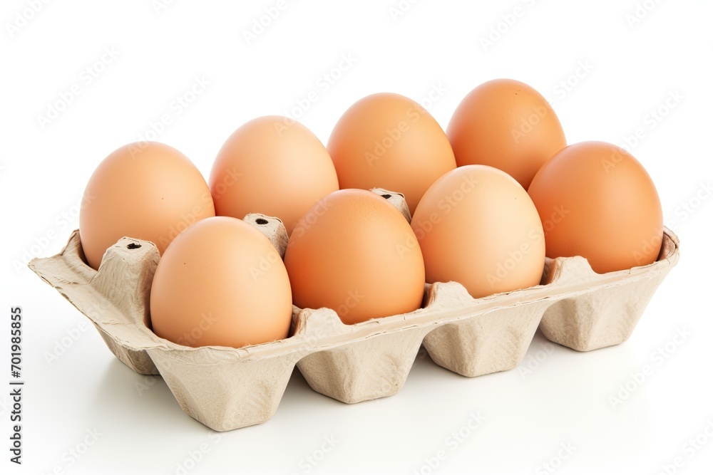 Ten fresh eggs uncooked in a carton box on a white background Ten fresh eggs uncooked in a carton box on a white background