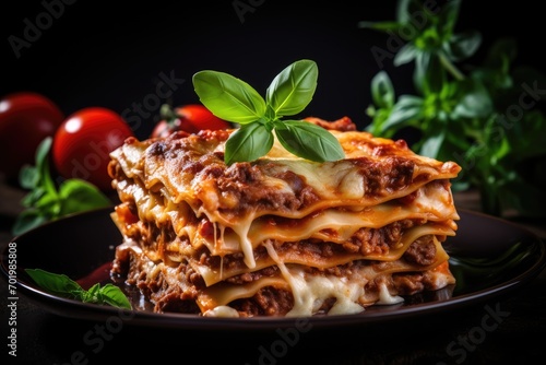 Tasty lasagna with fresh basil