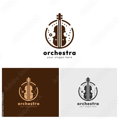 Illustration logo of a violin in a brown circle musically themed suitable for an orchestra logo