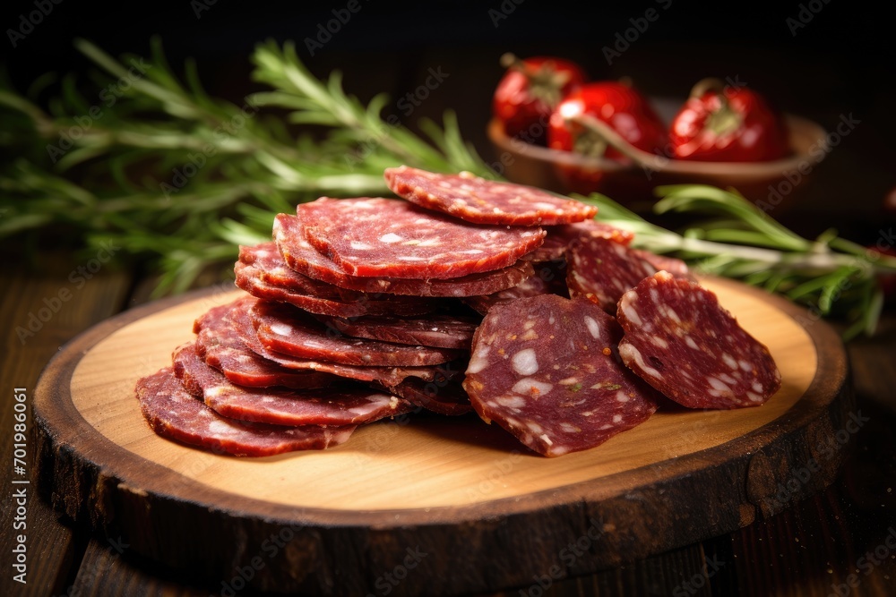 Thinly sliced salami on a wooden backdrop