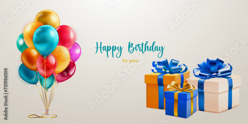 Festive birthday illustration with a bunch of colored helium balloons, several gift boxes with ribbons and bows and inscription Happy Birthday to you on light background