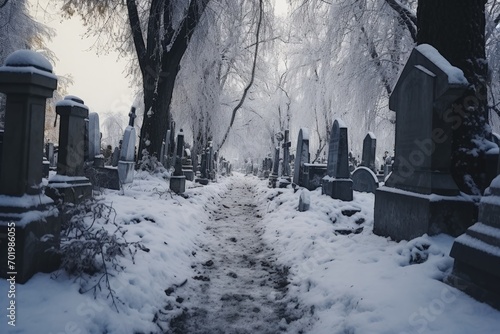 The snow has fully coated the cemetery road and graves