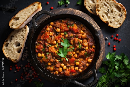 Top view of a healthy vegetarian chili in an iron pan with grilled bread on a gray background