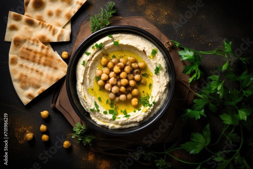 Top view of a rustic metal background with a homemade hummus bowl adorned with boiled chickpeas herbs pita and olive oil