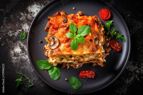 Top view of a vegetarian lasagna with mushrooms tomatoes and basil