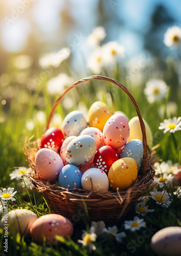 lots of colorful easter eggs in a basket on the meadow