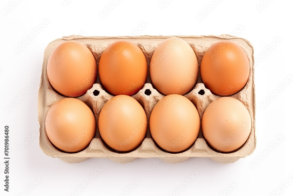 Top view of white egg box with brown chicken eggs isolated on white background Top view of white egg box with brown chicken eggs isolated on white background