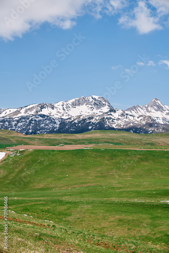 Hilly lawn against the backdrop of snow-capped mountain peaks