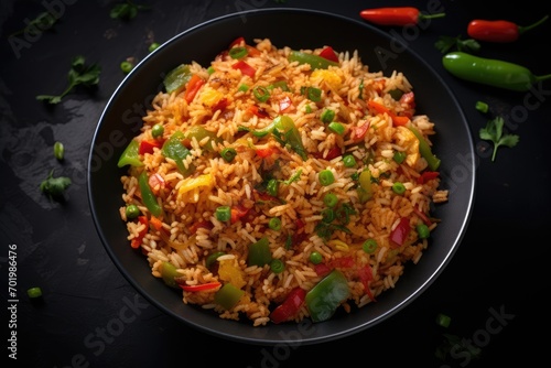 Top view of vegetarian Szechuan Rice with bell peppers green beans and carrot in a black bowl on a dark slate background