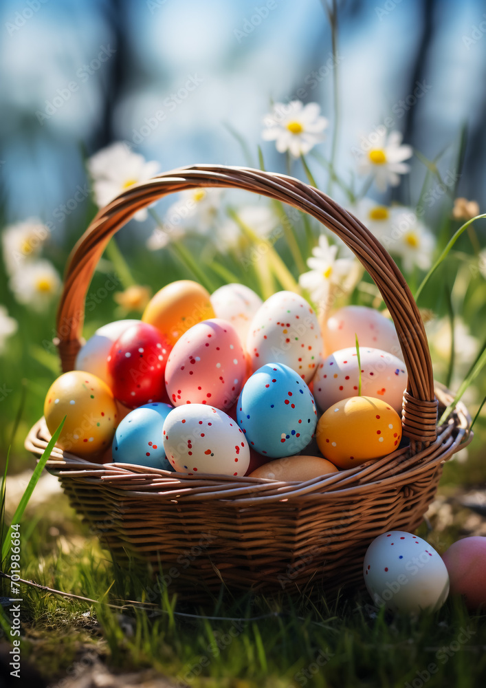 lots of colorful easter eggs in a basket on the meadow