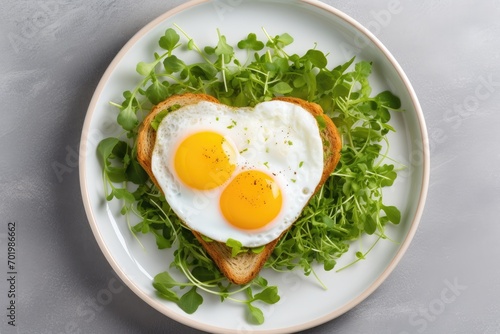 Valentine s day themed breakfast with heart shaped egg on toast served on a white plate Includes a homemade healthy sandwich milk eggs and microgreens arrange
