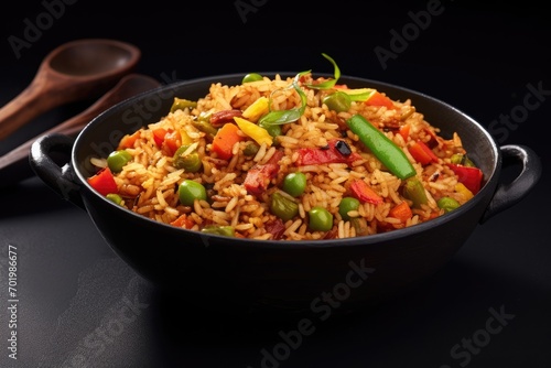 Vegetarian Szechuan Fried Rice in black bowl on dark background with bell peppers green beans and carrots
