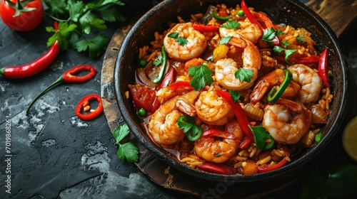 aerial view of jambalaya in a skillet photo