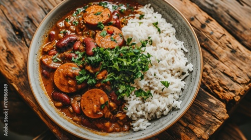 aerial view of sausage, red beans and rice in a bowl, comfort food photo