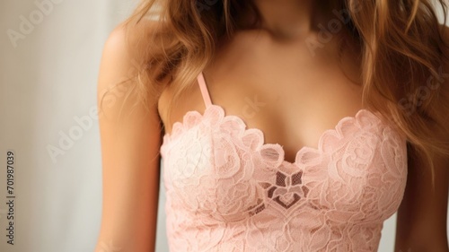 Closeup of a Peach Fuzz lace crop top, featuring a scalloped neckline and embroidered lace for a vintageinspired look.