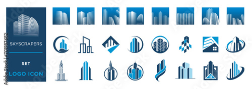 Set of modern buildings. City skyscrapers icons in isometric style isolated on white background. Collection of urban architecture. Residential and office buildings.
