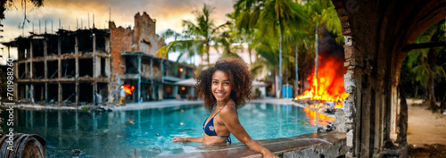 brazen social media influencer, young attractive woman, posing in the swimming pool despite disaster, fictional location