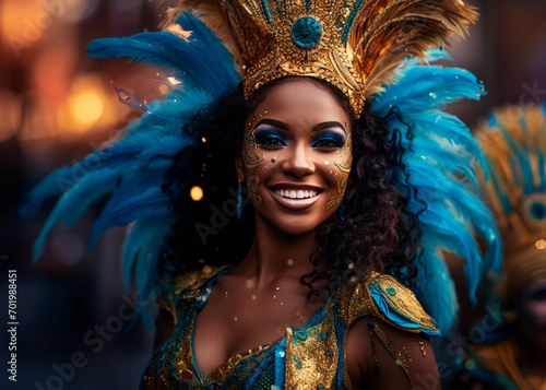 Brazilian Carnival. Young BRAZILIAN women in costume enjoying the carnival party blowing confetti
