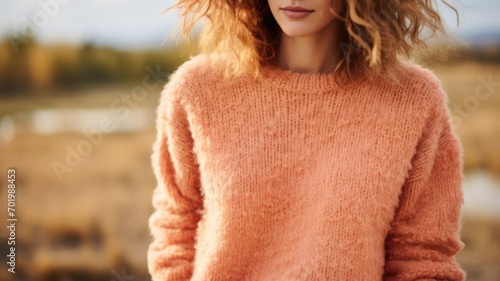 Closeup of a Peach Fuzz sweater, a cozy and versatile piece for layering in the colder months. photo