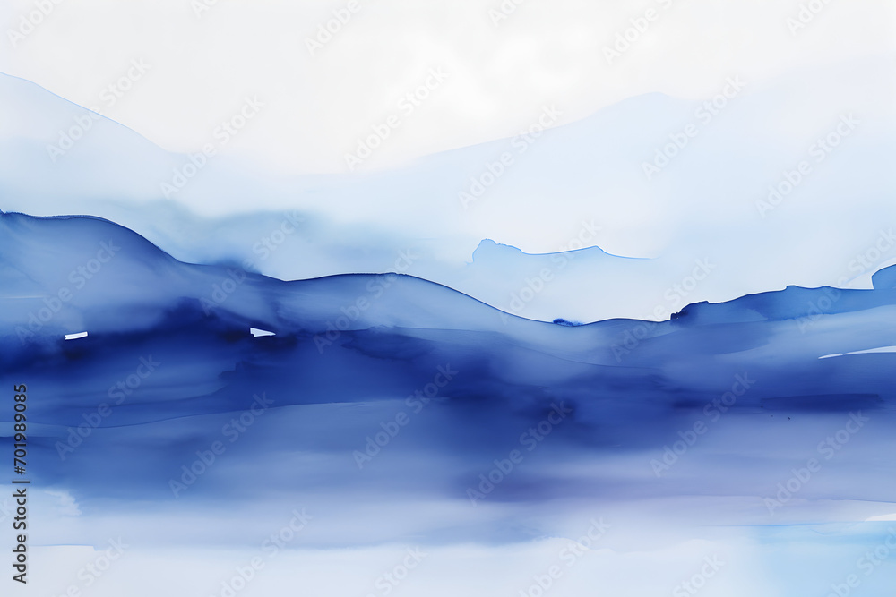 Misty mountain blue abstract landscape with light clouds, background